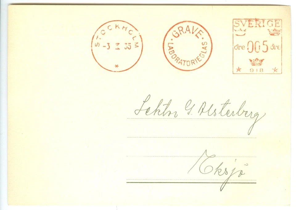 SWEDEN: Postcard meter mark Laboratory glass 1935. - Image 1 of 1