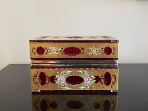 Vintage Large Breathtaking Red Murano Glass Enamel and Gold Hand Painted Box