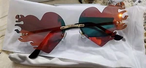 Fire Heart Sunglasses Gold Red Mirror Rimless Trendy Unisex - Picture 1 of 5
