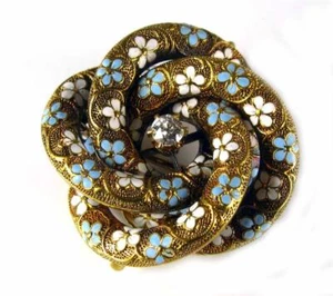 ANTIQUE VICTORIAN Diamond Floral Enamel Pendant Brooch 14K Yellow Gold  Krementz - Picture 1 of 7