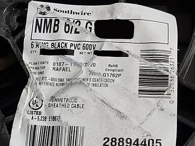 Southwire 6/2C com cabo de fio de construção residencial Romex SIMpull solo quase perfeito-B/10 pés - Imagem 1 de 4