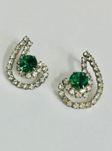 Vintage Lab Created Emerald & Simulated Diamonds Silver Plated Drop Earrings - Picture 1 of 10