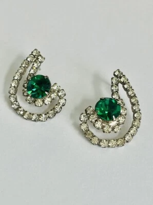 Vintage Lab Created Emerald & Simulated Diamonds Silver Plated Drop Earrings - Image 1 of 4