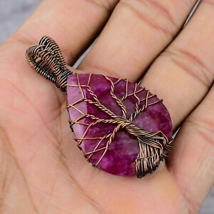 Tree Of Life Kashmiri Ruby Gemstone Copper Wire Wrapped Handmade Pendant For Her
