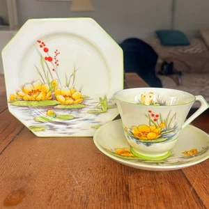 Paragon Art Deco Seerosenmuster Teetasse Untertasse & Teller Trio Garantie Emaille - Bild 1 von 6