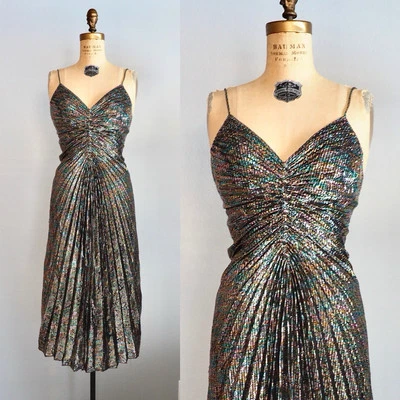 1970’s 1980’s Vintage NEW LEAF BY SAMIR Rainbow Metallic Shimmer Dress Bombshell - Image 1 of 4