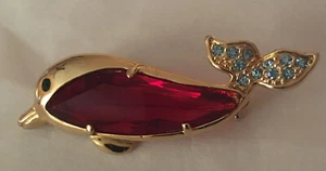 Gold Dolphin Red Gem Belly Green Eye Blue Stones in Tail Pin Brooch 2.25Lx1.25H - Picture 1 of 7