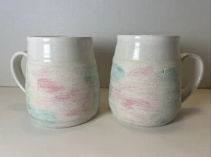 (2) Large Artist Signed Hand Thrown Pottery Mugs Teal & Pink Made In Colorado - Picture 1 of 11