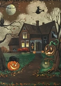 IMPRESIÓN ACEO DE PINTURA HALLOWEEN BRUJA GATO NEGRO BÚHO RYTA CASA EMBRUJADA LUNA arte - Imagen 1 de 1