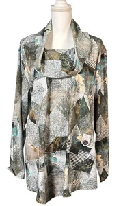 Parsley & Sage Tunic Size 1X Gray Abstract Artsy Cowl Neck Relaxed Lagenlook - Picture 1 of 9