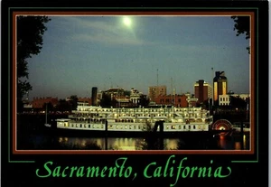 Boot Schiff Postkarte Sacramento Delta King Paddelboot Nachtmond Kalifornien CA  - Bild 1 von 4