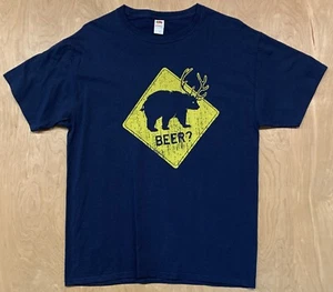 Beer? Road Sign Bear/Elk Drunk Funny Road Crossing T-Shirt Size Large Navy Blue - Picture 1 of 6