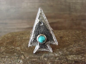 Navajo Sand Cast Sterling Silver Turquoise Arrowhead Ring Signed by Johnson -... - Picture 1 of 6
