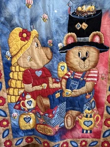 Vintage Baby Blanket Hand Quilt W/ Bears And Honey Bees  31X41” Yellow Backing - Picture 1 of 11