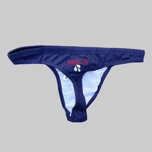 Suggestive Seal It Custom embroidery in USA mens navy blue swim thong swimwear - Picture 1 of 7