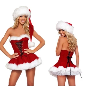 Sexy Mrs Santa Claus Christmas Party Dress Hat Costume Red Tube Fancy Outfit Kit - Picture 1 of 2