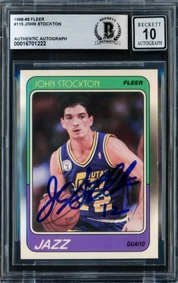 ¡OFERTA! Fleer RC 115 1988-89 1988-89 Utah Jazz Auto GM 10 Beckett firmado por John Stockton Foto 1 de 3