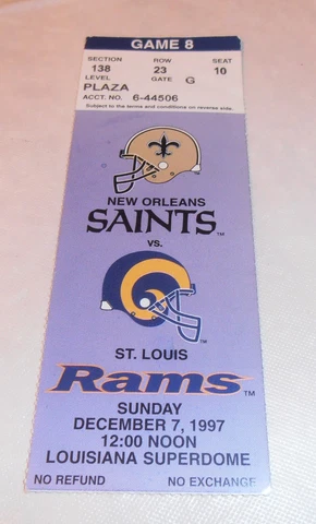 VINTAGE 1997 NEW ORLEANS SAINTS ST. LOUIS RAMS OLD TICKET SCHWEGMANN GROCERY Cover