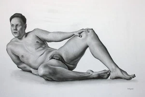 ORIGINAL male nude front view graphite pencil realism modern drawing classical - Picture 1 of 22