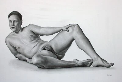 ORIGINAL Hombre Desnudo Vista Frontal Lápiz Grafito Realismo Moderno Dibujo Clásico  Foto 1 de 4