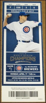 4/17/2017 Chicago Cubs vs Milwaukee Brewers Ticket Kyle Hendricks Ryan Braun HR - Image 1 of 3
