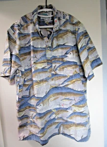 REYN SPOONER NAOKI GYOTAKU PRINT CAMP SHIRT XXL BLUE FIN TUNA FISH 55/45 excell - Picture 1 of 8