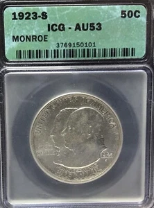 1923-S MEDIO DÓLAR CONMEMORATIVO MONROE ICG AU53 - Imagen 1 de 2