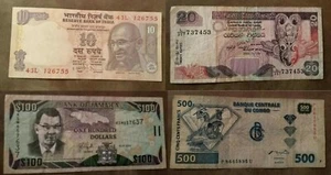 100 dólares Jamaica y 500 francos Congo y 10 rupias India y 20 rupias Sir Lanka - Imagen 1 de 9