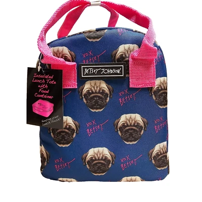 Betsey Johnson Lunch Box Tote Insulated Pug Dog Navy Blue w Storage 9.5"x8"x5" - Image 1 of 4