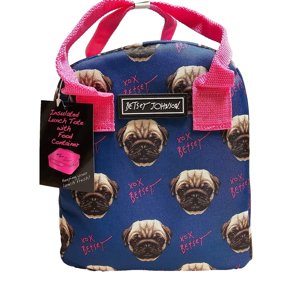 Bolsa de almuerzo Betsey Johnson aislada Pug Dog azul marino con almacenamiento 9,5"x8"x5" Foto 1 de 4