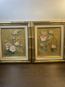 Chinese Paintings of Flowers Birds on Cork Paper Framed Signed Set Vintage - Picture 1 of 8