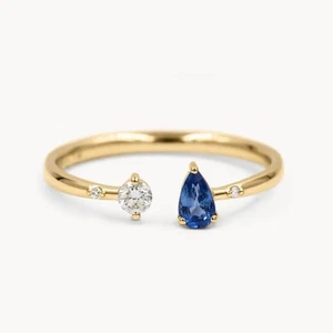 Real Diamond & Pear Blue Sapphire Cuff Ring 14k Yellow Gold Minimalist Jewelry - Picture 1 of 3