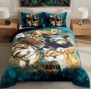 JUNGLE ALL ANIMALS BLANKET  WITH SHERPA VERY SOFTY THICK & WARM 3 PCS KING SIZE - Picture 1 of 1