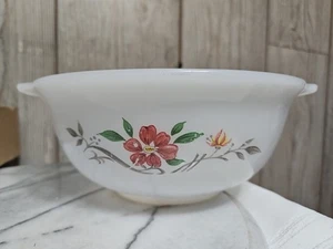 GLASBAKE J-2355 white 1-1/2 qt Round Pink Flower MIXING SERVING BOWL, VTG - Photo 1/15