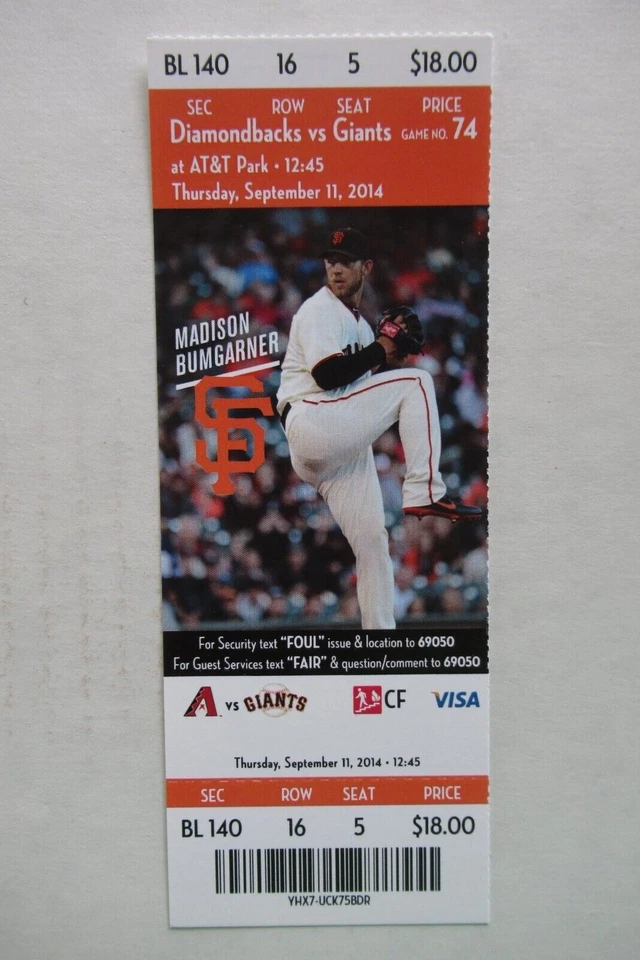 SAN FRANCISCO GIANTS VS DIAMONDBACKS 9/11/2014 FULL TICKET ~ MADISON BUMGARNER — 第 1/1 张图片
