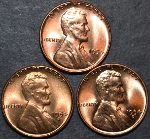 1954 P D S GEM UNCIRCULATED  LINCOLN CENTS (3 COINS) Cover