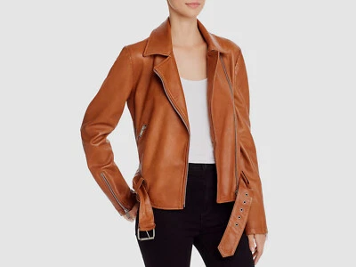 Nuevo $583 Aqua Mujer Cuero Marrón Cremallera Frontal Informal Moto Chaqueta Abrigo Talla XS Foto 1 de 2
