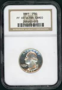 :1961-P S25C WASHINGTON QUARTER PROOF NGC PF69UC RARE R5 TOP POP HIGHEST-GRADES - Picture 1 of 2