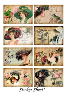 Set of 8 Vintage Victorian Ladies in Hats on Postcard STICKERS - Just Cut & Use! - Picture 1 of 1
