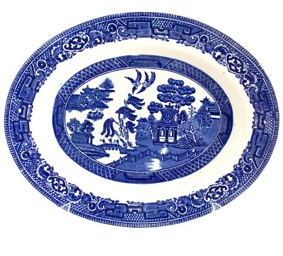 ANTIQUE ALFRED MEAKIN BLUE WILLOW PLATTER BLUE AND WHITE ENGLISH OVAL PLATTER - Image 1 of 4