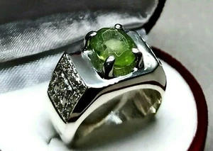Natural Oval Cut 4 Ct Pale Green Peridot Sterling Silver 925 Handmade Men Ring - Picture 1 of 12
