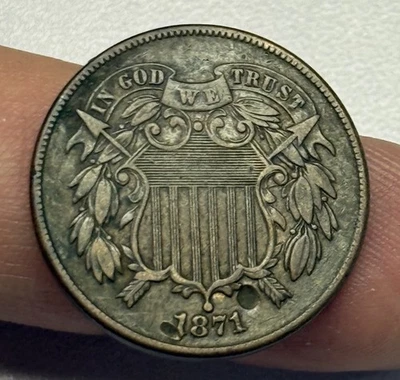 1871 Two Cent Piece Excellent Details Damaged  - Image 1 of 4