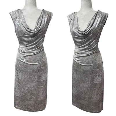 Connected Apparel Metallic Silver Drape Cowl Neck Women Sz 12 Formal Sleeveless - Image 1 of 4