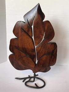 Carved Wooden Fall Leaf Sculpture Wrought Iron Base  Decor Wooden Art Statue  - Picture 1 of 10