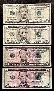 LOT OF 4: $5 STAR U.S. FEDERAL RESERVE NOTES, 1999, 2003, 2009. 2013 - Picture 1 of 2