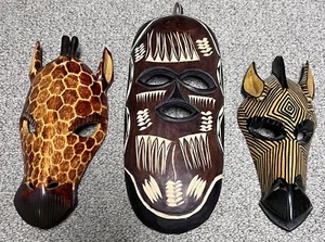 3 African Hand Carved Wooden Masks Lot Of THREE GIRAFFE ZEBRA from SOUTH AFRICA - Picture 1 of 1