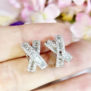 2.00 Ct Baguette Cut Simulated Diamond X Hoop Earring 14k White Gold Plated - Picture 1 of 5