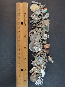 Vintage 60's Sterling Silver Charm Bracelet+38 Charms, 7.0" Travel, Loaded 100gm - Picture 1 of 8