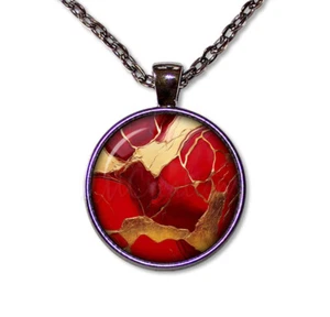 Faux Kintsugi Style Red - Handmade ROUND Glass Pendant Necklace - Picture 1 of 10