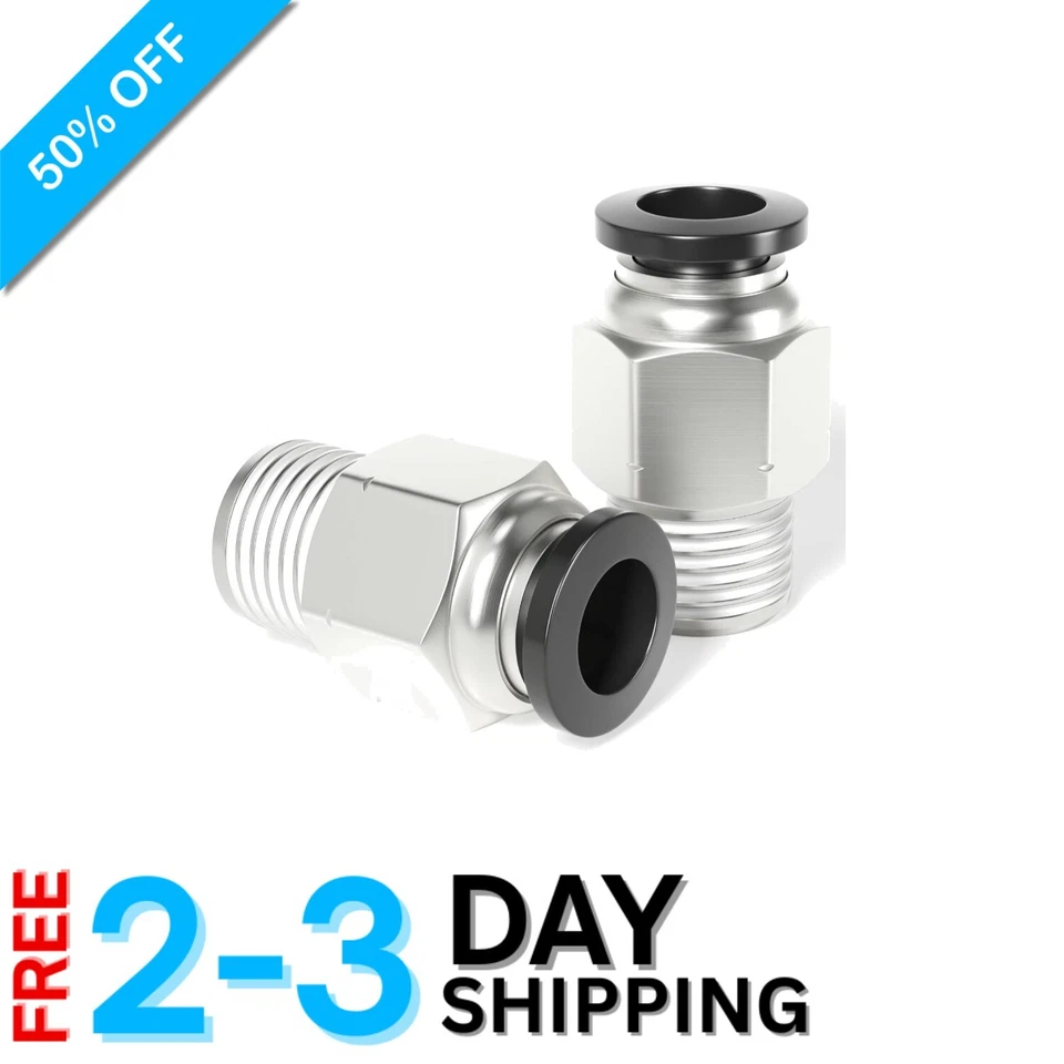 Compact Push-to-Connect Fittings, 1/4" OD x 1/8" NPT, Works with PU/PA/PE/PVC - Image 1 of 4